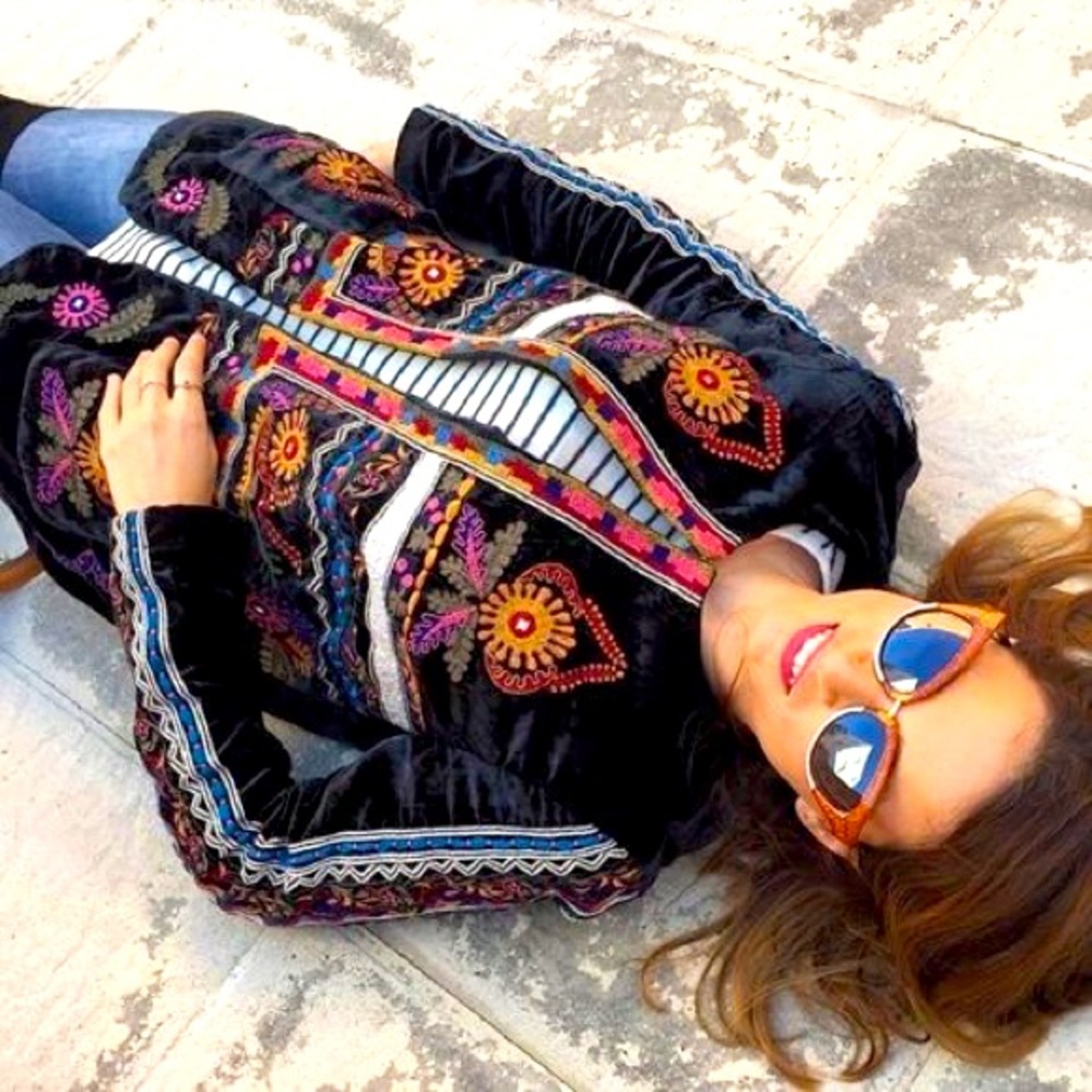 Zara Black Embroidered Velvet Jacket with Multicolor Floral Accents